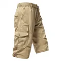 Men's casual loose fit pure cotton cargo shorts in khaki with multiple pockets and belt - M / Bottoms / Khaki