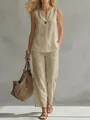 Ensemble deux pièces élégant en lin beige sans manches pour femme avec pantalon large d'été - S / Haut Et Bas / Kaki
