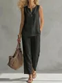 Élégant ensemble deux pièces en lin noir sans manches pour femme avec pantalon large - S / Haut Et Bas / Noir