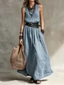 French style sleeveless blue linen maxi dress with layered necklaces and black waist belt - S / Top And Bottom / Light Blue