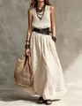 Elegant bohemian style sleeveless linen maxi dress in beige with belt and woven bag. - S / Top And Bottom / Apricot