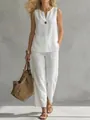 Élégant chemisier blanc sans manches aspect lin pour femme, style d'été minimaliste - S / Haut Et Bas / Blanc