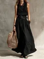Elegant French-style sleeveless long black maxi dress with wide belt and woven bag. - S / Top And Bottom / Black