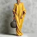 Élégante robe longue jaune moutarde à encolure bateau style rétro bohème et coupe ample - S / Haut Et Bas / Jaune