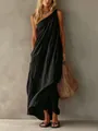 Detail view of elegant black one-shoulder maxi dress with a relaxed fit and textured fabric. - S / Bottoms / Black