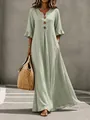 Model wearing a sage green V-neck maxi dress with ruffle sleeves and button detail. - Matcha Green