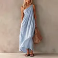 Elegant light blue one-shoulder sleeveless summer maxi dress with draped texture - S / Bottoms / Sky Blue