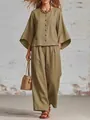 Elegantes olivgrünes Set aus Baumwolle und Leinen mit Oberteil und weitem Bein für Damen - Khaki