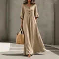 Elegante vestido maxi caqui para mujer con cuello en V y mangas anchas con volantes - S / Parte Superior E Inferior (J888) / Caqui