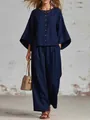 Elegantes marineblaues Baumwoll-Leinen-Set für Damen mit 3/4-Ärmeln und weitem Bein - Marineblau