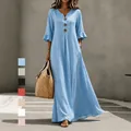 Elegante vestido largo azul claro con cuello en V, mangas con volantes y botones - S / Parte Superior E Inferior (J888) / Azul cielo