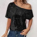 Haut noir à paillettes élégant avec coupe à une épaule dénudée et coupe ample pour femme - S / Hauts / Noir