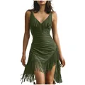 Detailed shot of dark green slim fit dress featuring deep V-neck and stylish fringe hemline - S / Top And Bottom / Green