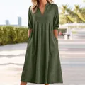 Detailed view of women's olive green cotton linen casual V-neck dress with side pockets - S / Army Green