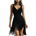 Detailed view of a black deep V-neck dress with layered fringe trim and bodycon fit. - S / Top And Bottom / Black