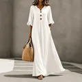 Elegante vestido maxi blanco con cuello en V, mangas con volantes y botones, corte holgado - S / Parte Superior E Inferior (J888) / Blanco