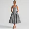 Elegant French style black and white gingham midi dress with flared skirt and square neck - XS / Black