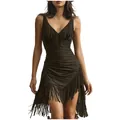 Detailed view of sexy deep V-neck and fringe hem on slim-fit black sleeveless dress - S / Top And Bottom / Coffee