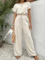 Elegant beige two-piece lounge set with crop top and wide-leg drawstring pants - S / Top And Bottom / Milky White
