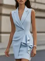 Elegant light blue sleeveless V-neck dress featuring sophisticated ruffle hem details - S / Dresses / Sky Blue