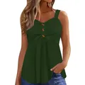 Close-up detail of women's green tank top with decorative front buttons and ruching - S / Tops / Green