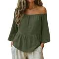 Elegant olive green off-the-shoulder cotton linen blouse with peplum hem - S / Tops / Army Green