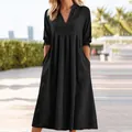 Full view of black V-neck cotton linen midi dress with side pockets for women - S / Black