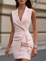 Detail of elegant pink V-neck sleeveless dress with chic ruffle trim - S / Dresses / Pink