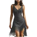 Detail view of sexy deep V-neck sleeveless dress with fringe tassel trim and ruched fit. - S / Top And Bottom / Gray
