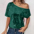 Détail du haut à paillettes vert foncé à épaule dénudée pour femme style fête - S / Hauts / Vert