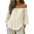 Detailed view of cream off-shoulder cotton linen blouse with ruffled hem design - S / Tops / White