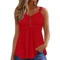 Detailed view of red summer camisole top with front button accents and wide straps. - Red