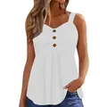 Front view detail of white summer tank top with pleated V-neck and three decorative buttons. - White