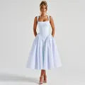 Full view of a French style blue gingham midi dress with a waisted princess cut - XS / Blue