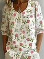 Close-up of vintage Peter Pan collar blouse with romantic pink rose floral pattern - S / Tops / Green Leaves and Red Flowers