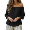 Close-up detail of the elegant black off-shoulder long-sleeve cotton-linen casual blouse - S / Tops / Black