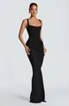 Professional model wearing an elegant black corset-style maxi dress with draped skirt - XS / Dresses / Black