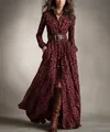 Elegante Franse vintage maxi-jurk met bordeauxrode luipaardprint en riemdetail - S / Dresses / Wijnrood Luipaard