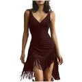 Abito elegante da donna con scollo a V profondo, frange lunghe e vestibilità slim - rosso marrone