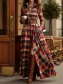 Elegante vintage rode geruite maxi-jurk met een riem in een Franse straatstijl setting - S / Dresses / Rood Blauw Beige Geruit
