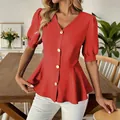 Elegant red V-neck blouse with gold buttons and puff short sleeves for women - S / Tops / Red