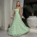Full view of elegant light green floral lace maxi dress with spaghetti straps and cowl neck - Light Green
