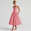 Red and white gingham midi dress featuring a square neckline, flared skirt, and functional pockets - Rose Red