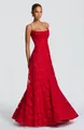 Close-up of elegant red textured jacquard long dress worn by a fashion model. - Red