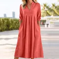 Abito da donna in cotone e lino rosa corallo con scollo a V e tasche laterali - Rosso