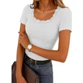 Elegant white ribbed short sleeve T-shirt featuring a lace trim square neckline for women - S / Tops / White