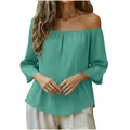Dettaglio dell'elegante top in cotone e lino con spalle scoperte e maniche lunghe - Blu lago