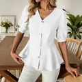 Detailed view of the elegant white V-neck puff sleeve blouse featuring gold-tone buttons. - S / Tops / White
