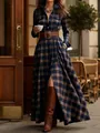 Elegante Franse retro geruite maxi-jurk met tailleriem en onregelmatige split - S / Dresses / Donkerblauw Bruin Ruitjes