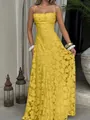 Elegant yellow floral textured strap maxi dress perfect for summer vacation resort style - Yellow